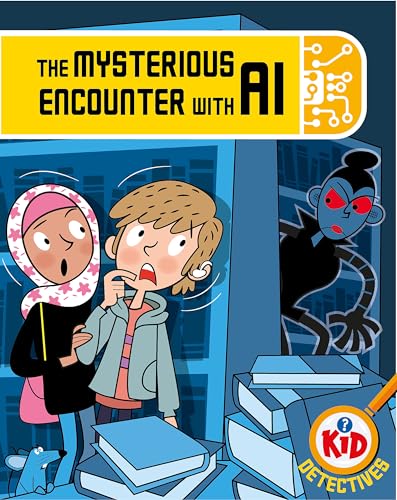 Two children look surprised as a robotic figure emerges from behind a library bookshelf.