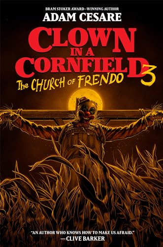 Book cover: a scarecrow-like clown figure in a cornfield at dusk.
