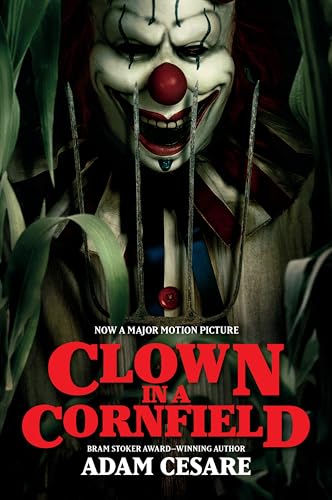 Book cover featuring a menacing clown face framed by corn stalks.