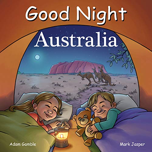 Children in bed view Uluru and kangaroos under a night sky.