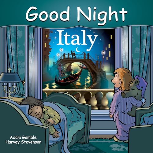 Children’s book cover depicting Venice at night, with a child and teddy bear.