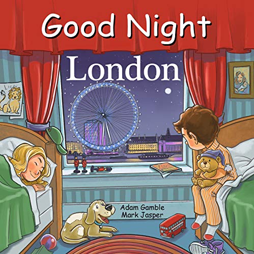 Children and a dog view London’s illuminated skyline from a bedroom window.