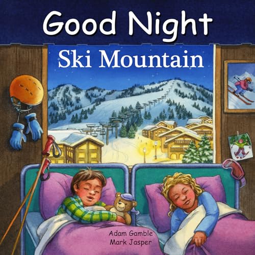 Children sleeping with ski gear visible through a window overlooking a snowy mountain.