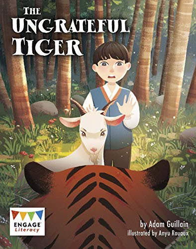 Book cover: boy, goat, and tiger in a forest scene.