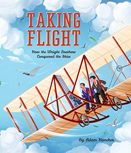 Book cover showing the Wright brothers flying their biplane through a cloudy blue sky.