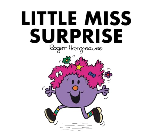Purple Little Miss character with pink, curly hair and a smiling face.