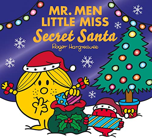 Little Miss Giggles and Mr. Men characters with Christmas gifts and tree.