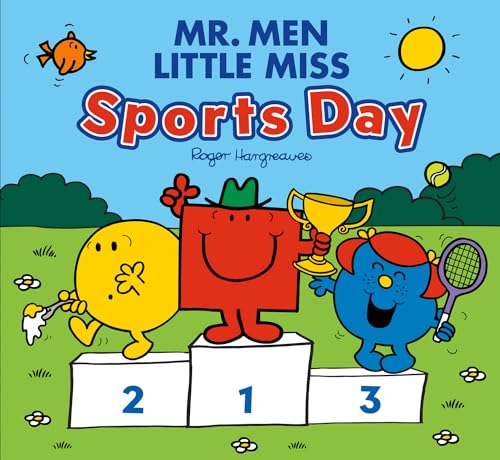 Colorful children’s book cover featuring Mr. Men and Little Miss characters at a sports day.