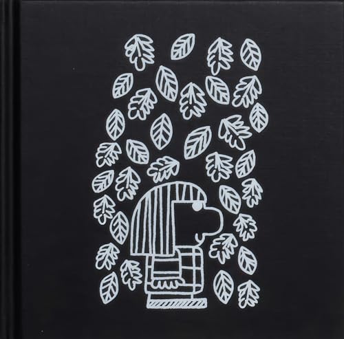 Black book cover with white line drawing of a child in falling leaves.