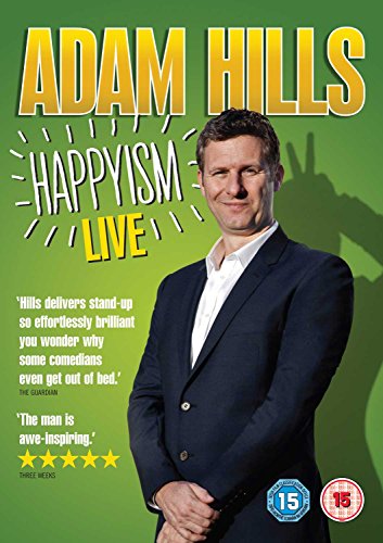 Adam Hills’ “Happyism Live” DVD cover featuring a portrait of the comedian.