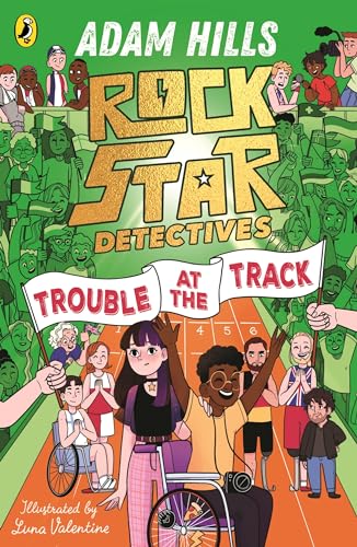 Book cover with illustrated children and a running track scene.