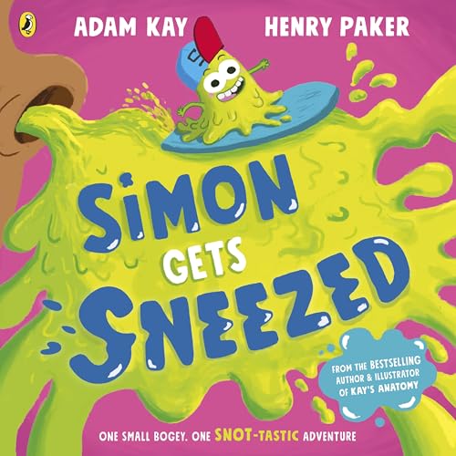 Cartoon yellow monster, Simon, being sneezed from a nose on a pink background.