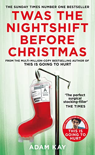 Book cover: red stocking filled with a blood bag, medical IV stand.