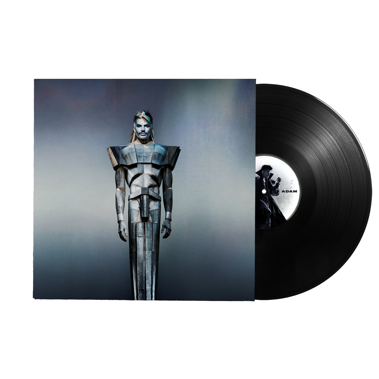 Adam Lambert's "ADAM" vinyl record with a metallic figure on the cover.