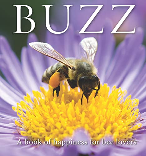 Book cover, “Buzz”, featuring a honeybee on a purple and yellow flower.