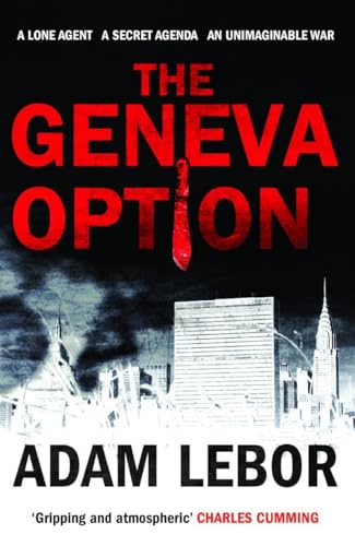Book cover: "The Geneva Option" with red title, knife image, and city skyline.