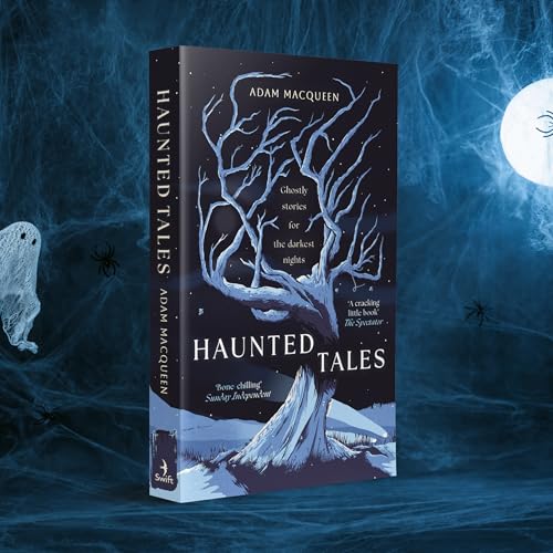 Book cover with a bare tree, ghost, and spiderweb against a dark background.