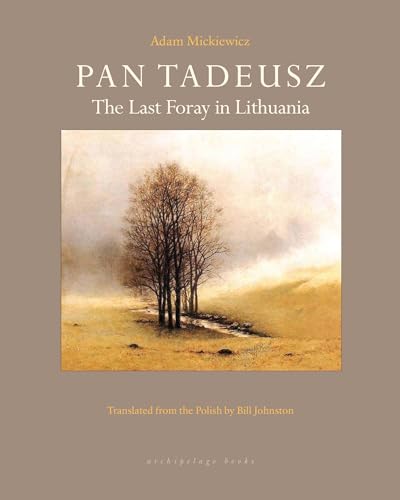 Book cover: "Pan Tadeusz" with a landscape painting of trees and fields.