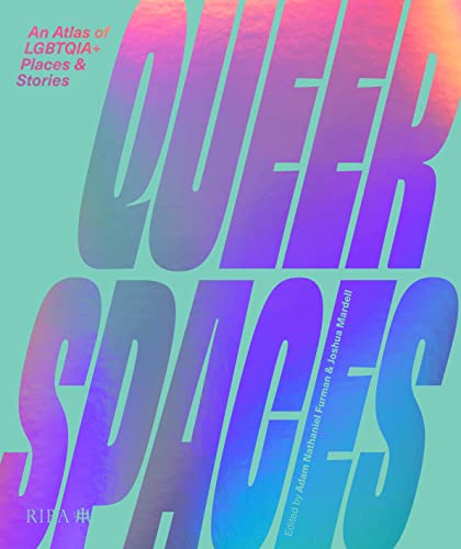 Book cover: “Queer Spaces” with rainbow gradient text and teal background.