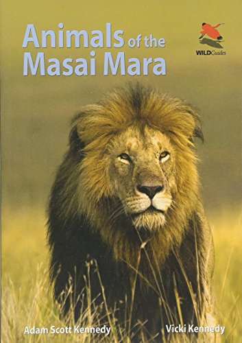 Book cover featuring a male lion’s face and the title “Animals of the Masai Mara”.