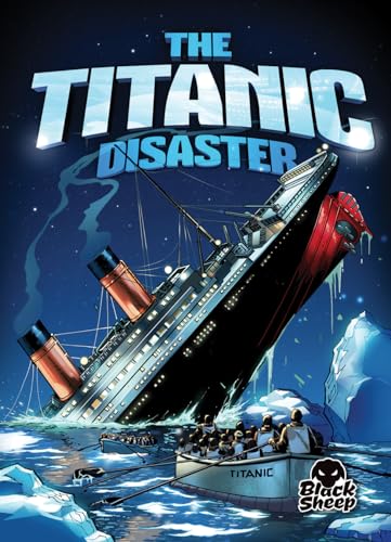 Illustration of the sinking Titanic with lifeboats in icy water.