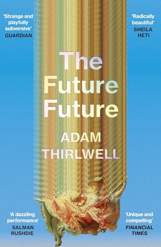 Book cover with a vertical rainbow-striped column, text, and a woman on a swing.