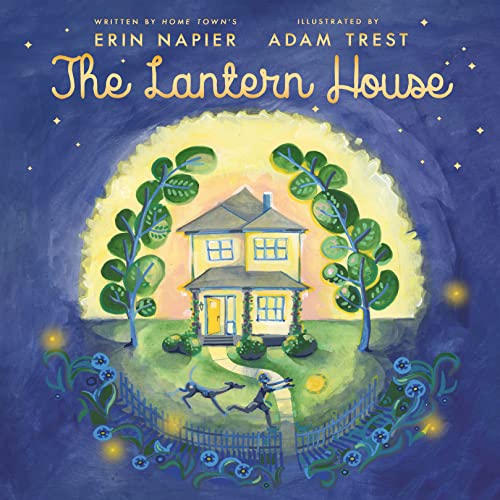 Watercolor illustration of a two-story house with children and a dog.