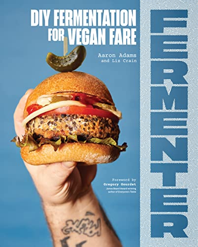 Cookbook cover with a vegan burger and title “DIY Fermentation for Vegan Fare.”