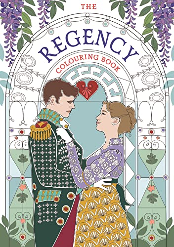 Regency couple embracing within an ornate archway, colouring book cover.