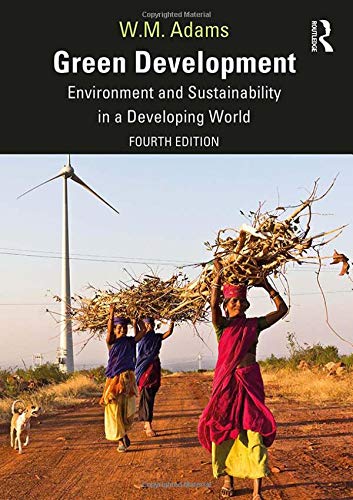 Book cover: "Green Development" with wind turbine and people carrying wood.