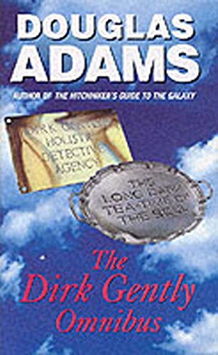 "The Dirk Gently Omnibus" book cover with author Douglas Adams, featuring clouds and objects.