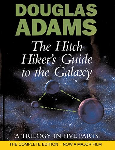 Book cover: "The Hitch Hiker's Guide to the Galaxy" with planets and stars.
