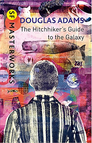 "Book cover of 'The Hitchhiker's Guide to the Galaxy' with collage background and man."