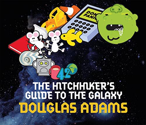 Book cover with space background, cartoon illustrations, and title The Hitchhiker's Guide to the Galaxy.