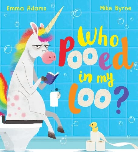 Unicorn reading on the toilet, with a duck and toilet paper rolls.