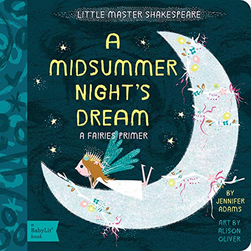 Book cover: "A Midsummer Night's Dream" with crescent moon and fairy.