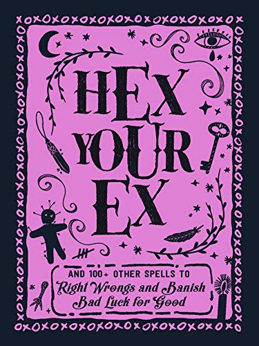 Pink book cover with white lettering, occult symbols, and a voodoo doll.