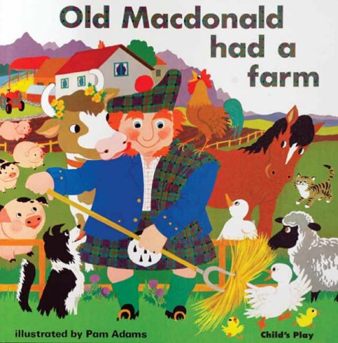 Colorful illustration of Old Macdonald with farm animals and a green field.