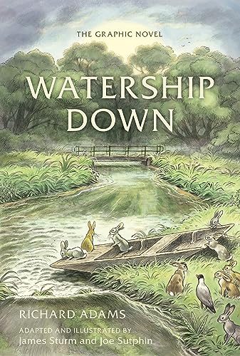 Cover of “Watership Down” graphic novel, rabbits on a boat by water.