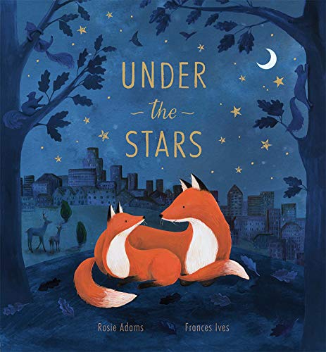 Two foxes cuddle under a starry night sky with a distant town.