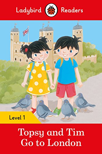 Children Topsy and Tim with pigeons in front of the Tower of London.