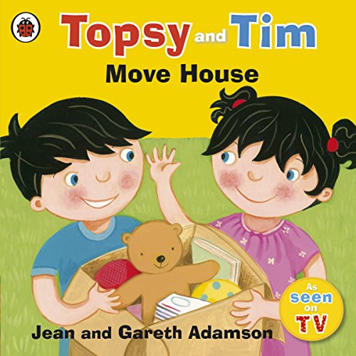 Topsy and Tim hold a cardboard box filled with toys on a yellow background.