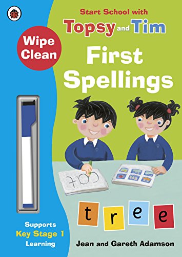 Wipe-clean spelling practice book featuring Topsy and Tim, with children learning.