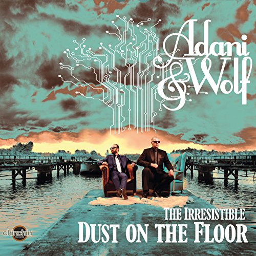 "Album cover with two men sitting on chairs on a dock, circuit design above."