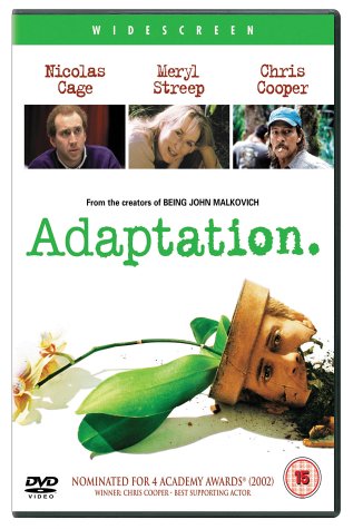 "White DVD cover with green title 'Adaptation' and images of three actors and an orchid."