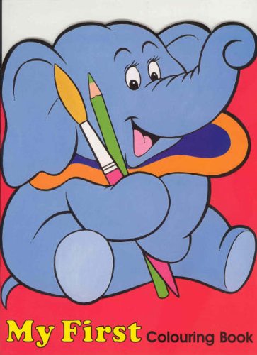 Blue cartoon elephant holding paintbrushes, with "My First Colouring Book" text.