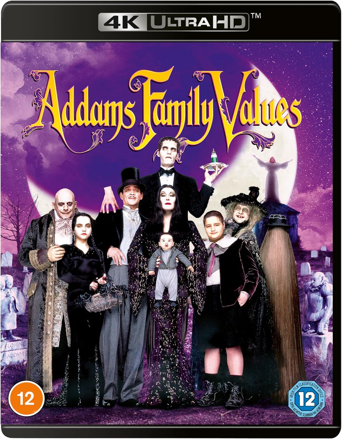 Addams Family Values UHD Blu-ray cover featuring the family in a graveyard.