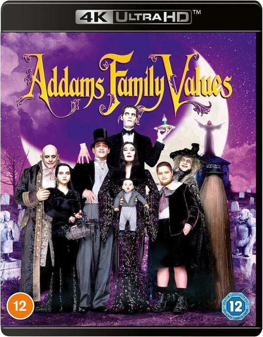 Addams Family Values UHD Blu-ray cover featuring the family in a graveyard.