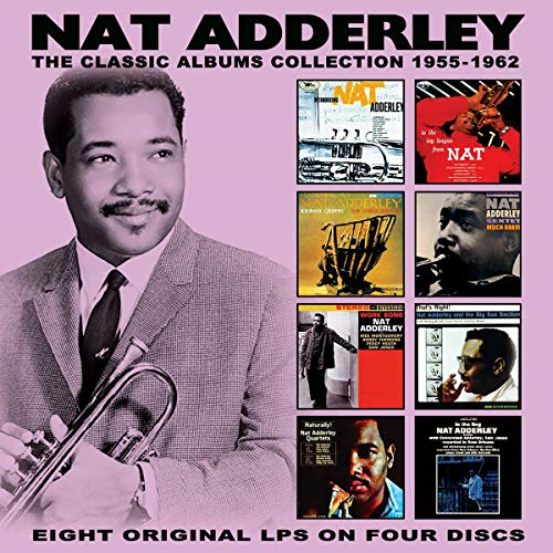 Album cover featuring Nat Adderley portrait and eight classic album covers from 1955-1962.