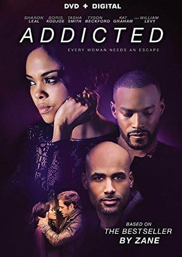 Addicted" DVD cover featuring three actors and a couple embracing.